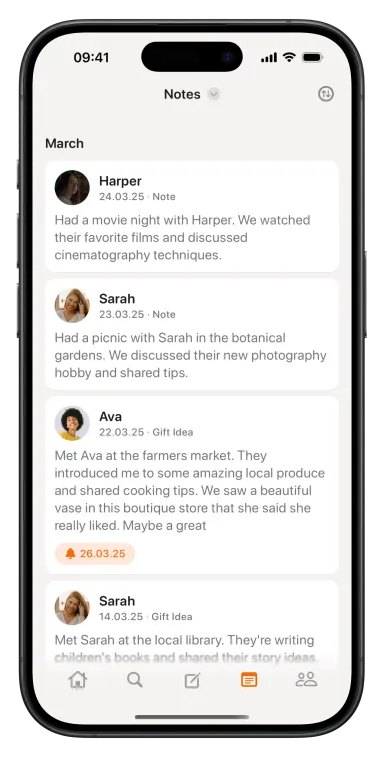Notes list in Friendzone